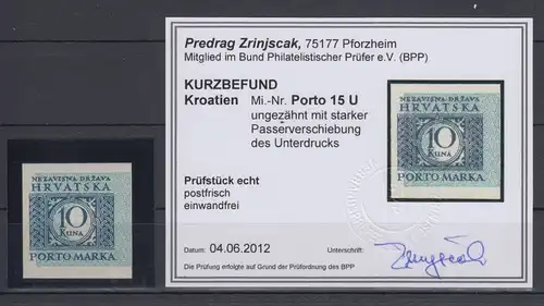 Kroatien / Hrvatska  Portomarke Mi.-Nr. 15 ungezähnt PV UDr. ,  KB Zrinjscak