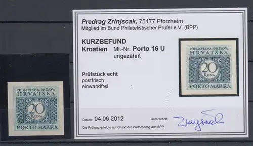 Kroatien / Hrvatska  Portomarke Mi.-Nr. 16 ungezähnt, gepr. mit  KB Zrinjscak