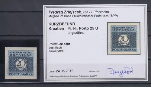 Kroatien / Hrvatska  Portomarke Mi.-Nr. 25 ungezähnt, gepr. mit  KB Zrinjscak