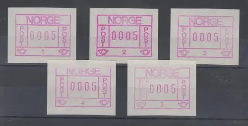 Norwegen Frama-ATM 1978, je eine ATM ** mit allen 5 Aut.-Nr. 1, 2, 3, 4 und 5  