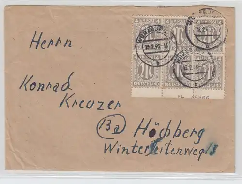 Bizone AM-Post Mi.-Nr. 2, 6erBlock mit Pl.-Nr. 45866 als MEF auf Brief, Würzburg