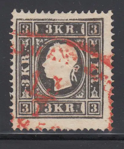 Österreich 2.Ausgabe Kaiser Franz Joseph, 3 Kr. schwarz Type II , Mi-Nr 11 II O 