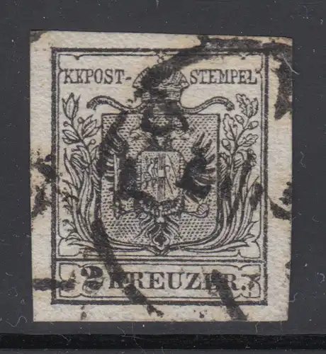 Österreich 1.Ausgabe Handpapier 2 Kreuzer schwarz, O verm. WIEN