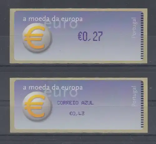 Portugal ATM €-Einführung 2 ATM ohne und m. AZUL Mi-Nr. 41.1 und 2 Druck VIOLETT