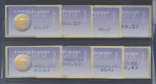 Portugal ATM €-Einführung Set 8 ATM in 4 Druckarten, ohne und mit AZUL, Mi-Nr 40