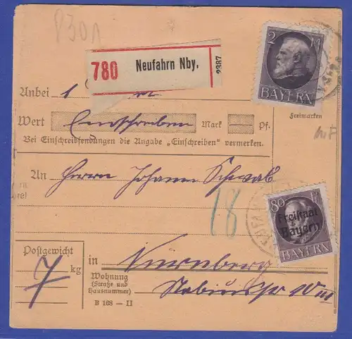 Bayern Ludwig III: Ausgabe Paketkarte mit MIF gel. von Neufahrn nach Nürnberg