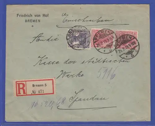 Dt. Reich Infla R-Brief von Bremen nach Spandau mit Germania-Frankatur