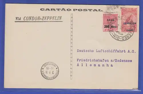 Brasilien Zeppelin-Postkarte VIA CONDOR ZEPPELIN gelaufen 1.9.31 n. Deutschland