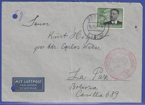 Dt. Reich 1937 Flugpostbrief gel. von Greiz nach La Paz Bolivien  EF Mi-Nr.538