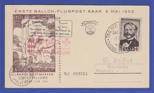 Saarland 1953 3. Mai erste Saar Ballon-Flugpost "Henri Dunant" Dudweiler  FDC