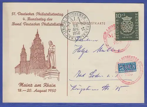 Bund 1950, Mi.-Nr. 121 EF auf PK Philatelistentag Mainz, gelaufen nach Bad Soden