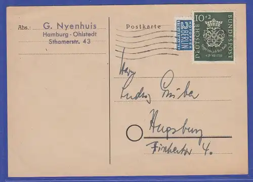 Bund 1950, Mi.-Nr. 121 als EF auf Postkarte  Hamburg -> Augsburg