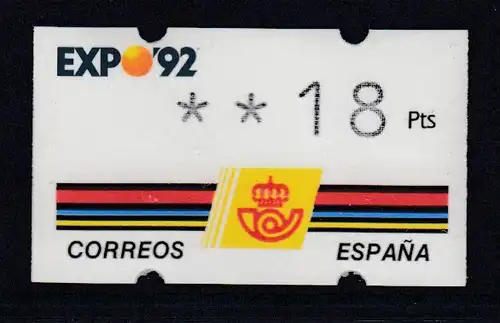 Spanien Klüssendorf-ATM EXPO'92 Sevilla, Wert 4-stellig  Mi.-Nr. 2.2 **