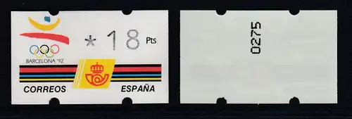 Spanien Klüssendorf-ATM Olympiade BARCELONA'92, Wert 3-stellig Nr Mi.-Nr. 5.1 **