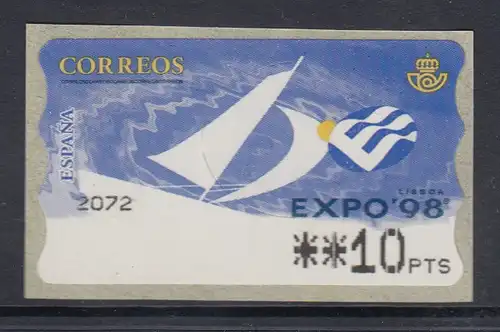 Spanien ATM EXPO'98 Lissabon Segelschiff, Druck Mobba 4-stellig, Mi.-Nr. 23.2