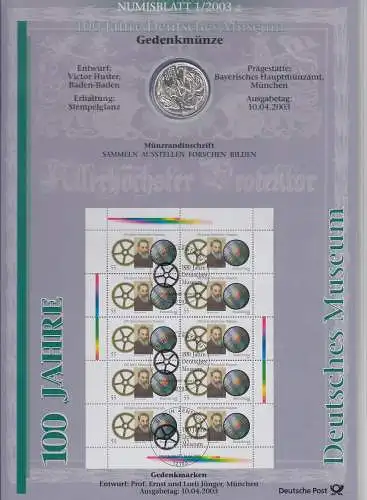 Bundesrepublik Numisblatt 1/2003 Deutsches Museum mit 10-Euro-Silbermünze 