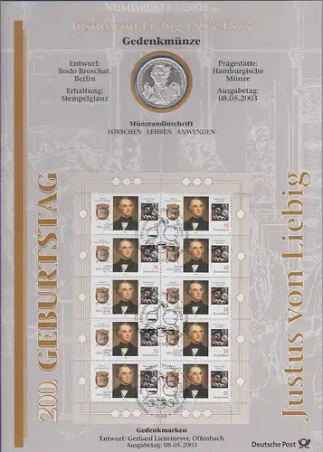Bundesrepublik Numisblatt 2/2003 Justus von Liebig mit 10-Euro-Silbermünze 