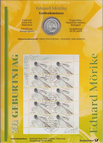 Bundesrepublik Numisblatt 4/2004 Eduard Mörike mit 10-Euro-Silbermünze 