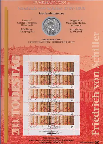 Bundesrepublik Numisblatt 2/2005 Friedrich Schiller mit 10-Euro-Silbermünze 