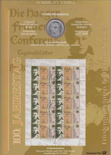 Bundesrepublik Numisblatt 5/2005 Bertha von Suttner mit 10-Euro-Silbermünze 
