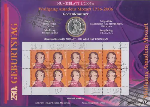 Bundesrepublik Numisblatt 1/2006 Mozart mit 10-Euro-Silbermünze 