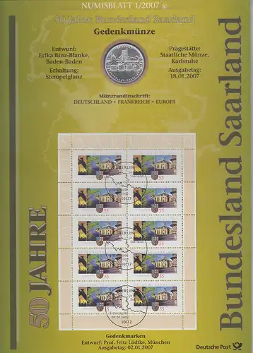Bundesrepublik Numisblatt 1/2007 Bundesland Saarland mit 10-Euro-Silbermünze 