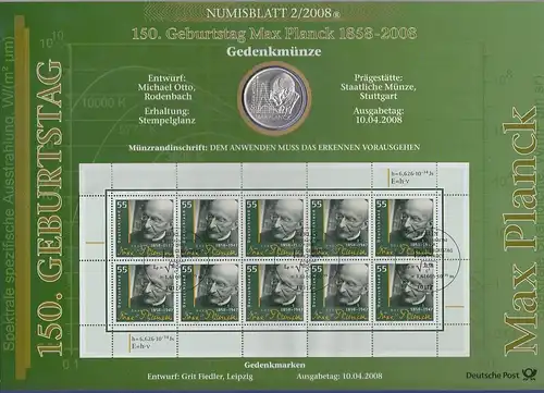 Bundesrepublik Numisblatt 2/2008 Max Planck mit10-Euro-Silbermünze 