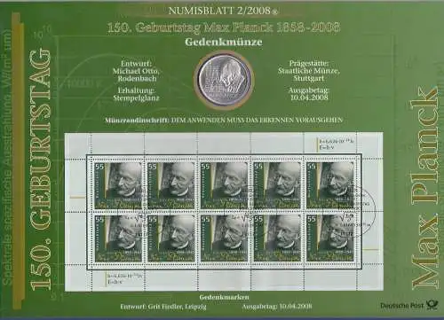 Bundesrepublik Numisblatt 2/2008 Max Planck mit10-Euro-Silbermünze 