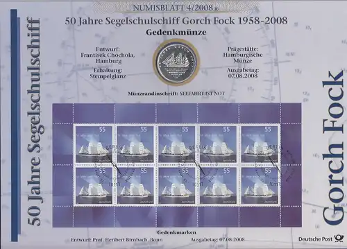 Bundesrepublik Numisblatt 4/2008 Gorch Fock mit10-Euro-Silbermünze 