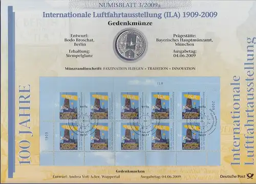 Bundesrepublik Numisblatt 3/2009 Luftfahrt-Ausstellung  mit 10-Euro-Silbermünze 