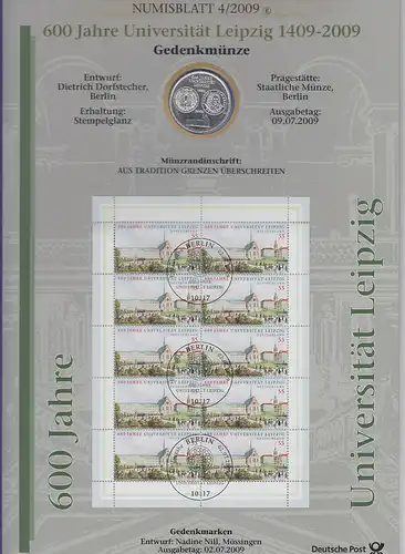 Bundesrepublik Numisblatt 4/2009 Universität Leipzig mit 10-Euro-Silbermünze 