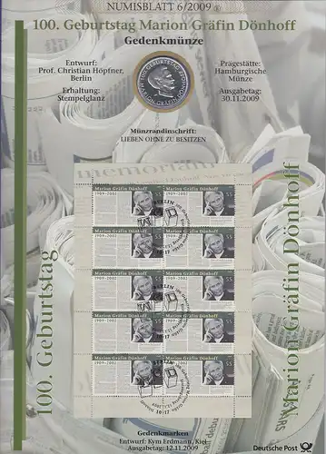 Bundesrepublik Numisblatt 6/2009 Marion Gräfin Dönhoff mit 10-Euro-Silbermünze 