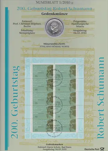 Bundesrepublik Numisblatt 1/2010 Robert Schumann mit 10-Euro-Silbermünze 