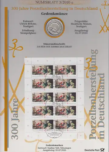 Bundesrepublik Numisblatt 3/2010 Porzellenherstellung mit 10-Euro-Silbermünze 