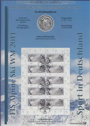 Bundesrepublik Numisblatt 6/2010 Alpine Ski WM mit 10-Euro-Silbermünze 