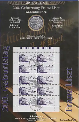 Bundesrepublik Numisblatt 1/2011 Franz Liszt mit 10-Euro-Silbermünze 
