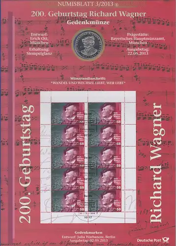 Bundesrepublik Numisblatt 3/2013 Richard Wagner mit 10-Euro-Gedenkmünze 