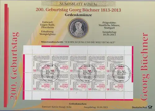 Bundesrepublik Numisblatt 4/2013 Georg Büchner mit 10-Euro-Gedenkmünze 