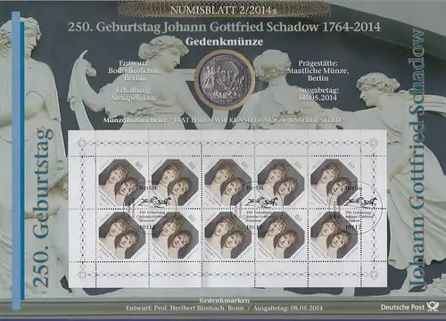 Bundesrepublik Numisblatt 2/2014 J. Gottfried Schadow mit 10-Euro-Gedenkmünze 