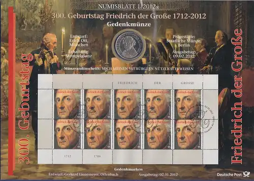 Bundesrepublik Numisblatt 1/2012 Friedrich der Große mit 10-Euro-Gedenkmünze 