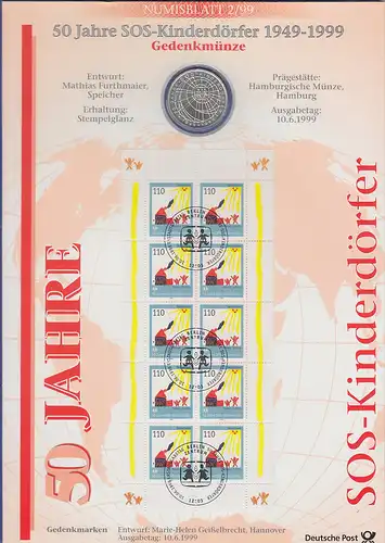 Bundesrepublik Numisblatt 2/1999 50 Jahre SOS-Kinderdörfer mit 10-DM-Silbermünze