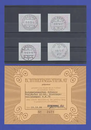 Schweiz 1976, 1. FRAMA-ATM Ausgabe A1-A4 mit Orts-Ersttags-Stempeln 9.8.76  !! 
