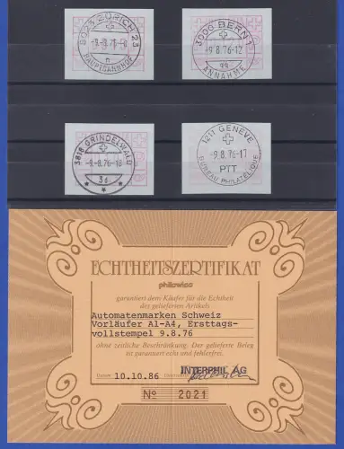 Schweiz 1976, 1. FRAMA-ATM Ausgabe A1-A4 mit Orts-Ersttags-Stempeln 9.8.76  !! 