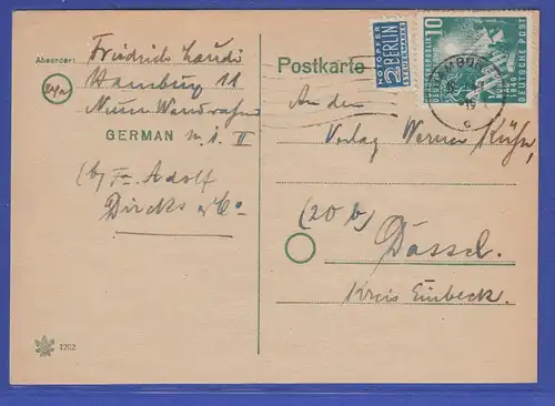 Bund Mi.-Nr. 111 Bundestag als EF auf Postkarte von Hamburg nach Dassel