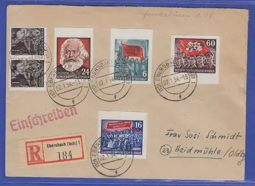 DDR 1954  4 geschnittene Karl Marx Blockmarken in MIF auf R-Brief aus Ebersbach 