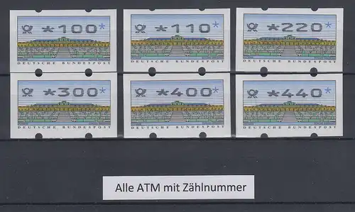 Deutschland ATM Sanssouci Typ N24 Satz 6 Werte 100-440 Pfg, Mi-Nr. 2.2.3 VS2 ZN