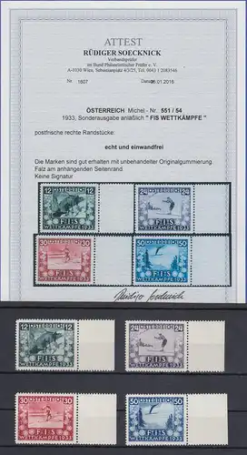 Österreich Ski FIS I 1933, Mi.-Nr. 551-554 Rand-Satz ** mit Attest Soecknick BPP