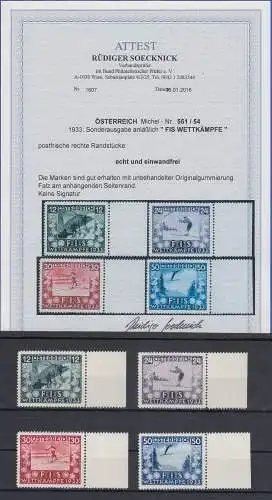 Österreich Ski FIS I 1933, Mi.-Nr. 551-554 Rand-Satz ** mit Attest Soecknick BPP