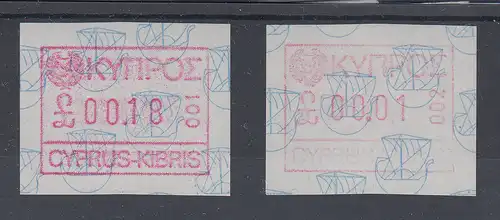 Zypern Frama-ATM Ausgabe 1989, Mi.-Nr. 1 je eine ATM ** mit Aut.-Nr. 001 und 002