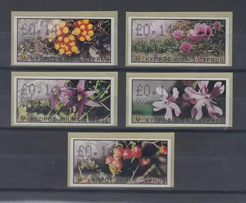 Zypern Amiel-ATM Ausgabe Wildblumen 2002, Mi.-Nr. 5-9 je eine ATM mit Nr. 003